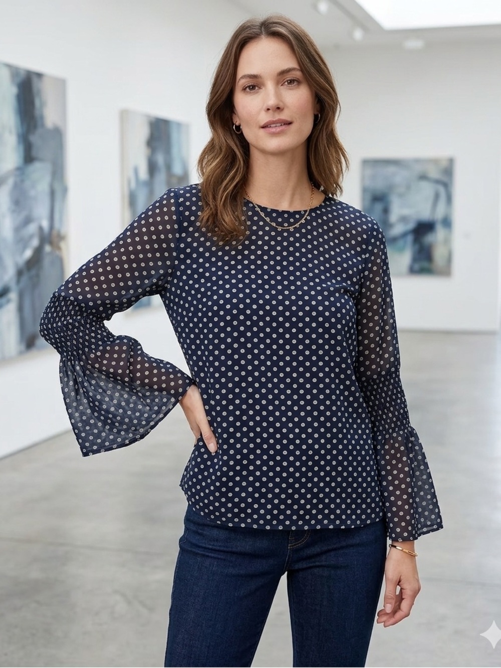 Current Air Navy and White Polka Dot Bell-Sleeve Blouse